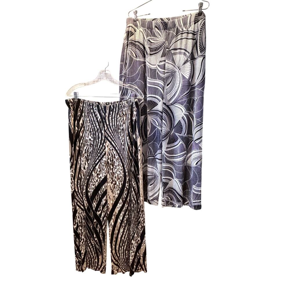 Chico's Travelers Pull On Wide Leg Pants 2 Pair L Blue White Tan Brown Leopard